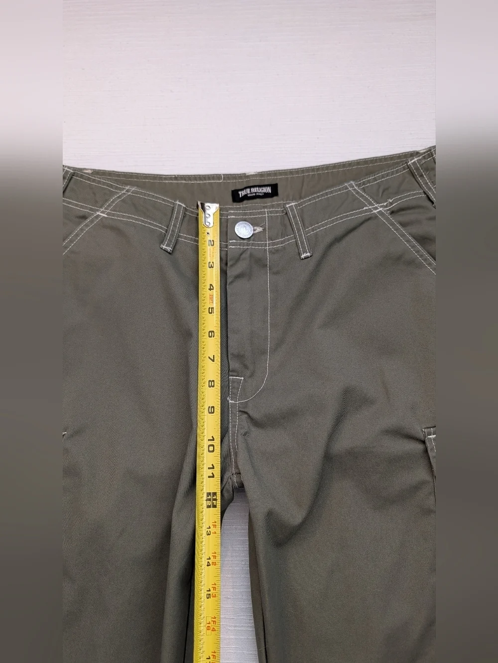 True Religion Ripstop Cargo Pants Kalamata Green White Stitch Men Sz 36